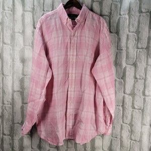Ralph Lauren Classic Fit Long Sleeve Button Up Shirt Pink Linen Plaid Large Tall